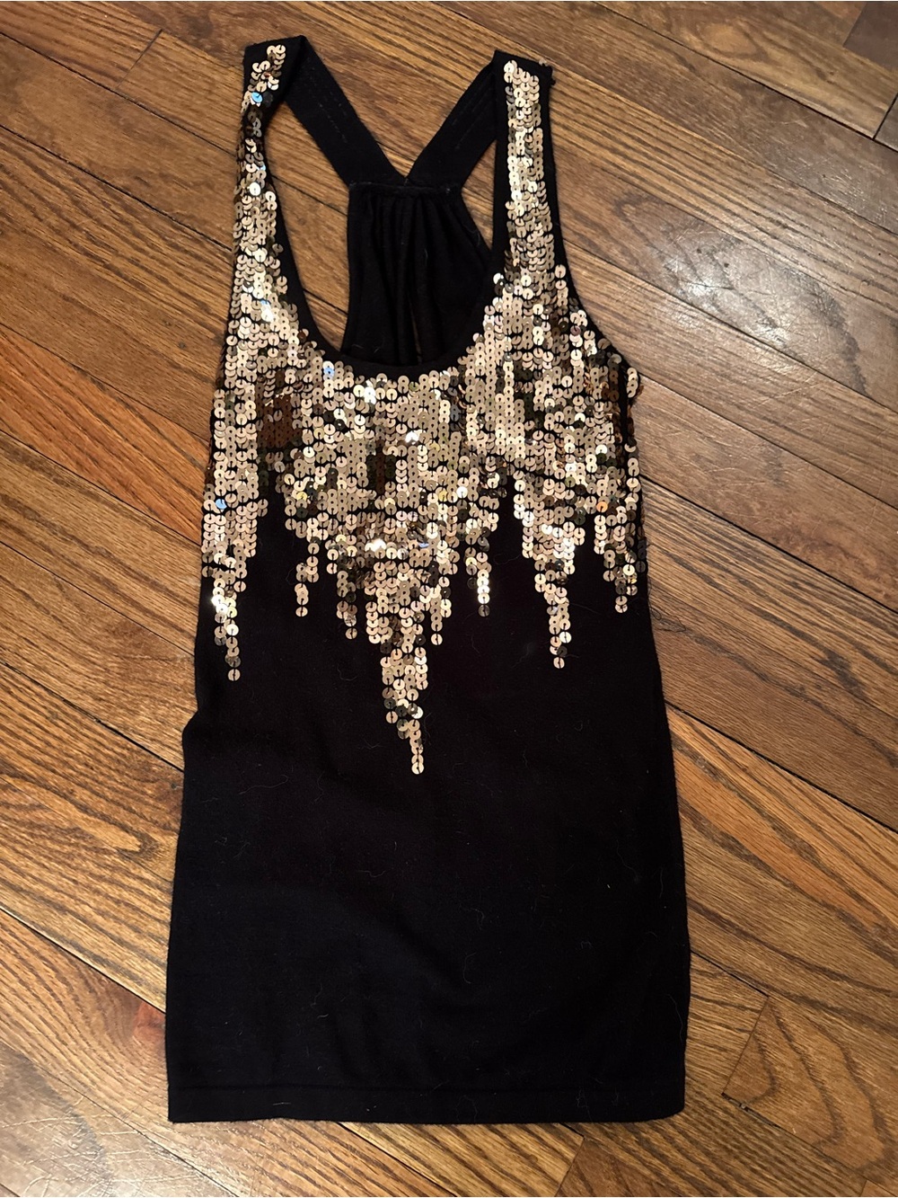 Black Racerback Tank with Gold Sequin Drip Detail